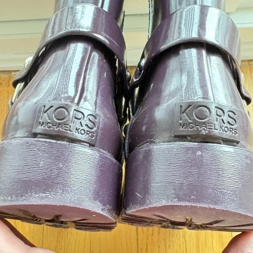 Michael Kors KORS Plum Eggplant Rubber Rain Boots Harness Moto Style Women's 8